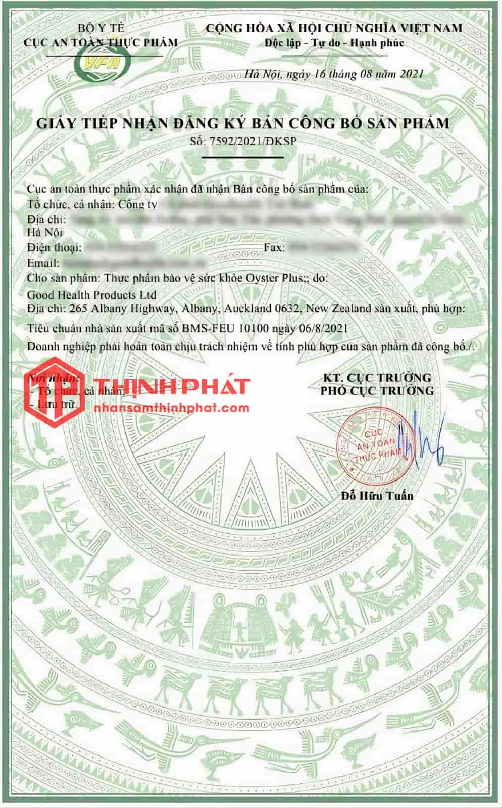 Giấy tiếp nhận đăng ký công bố sản phẩm Viên hàu Oyster Plus lọ 60 viên Giấy tiếp nhận đăng ký công bố sản phẩm Viên hàu Oyster Plus lọ 60 viên