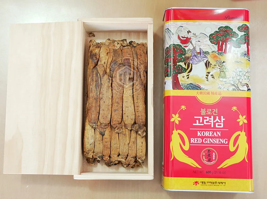 Hồng sâm củ khô hộp thiếc 600g chính hãng Daedong Hàn Quốc củ nhỏ