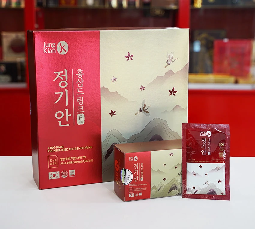 Nước hồng sâm Hàn Quốc Jung Kian Premium hộp 60 gói x 50ml Nước hồng sâm Hàn Quốc Jung Kian Premium hộp 60 gói x 50ml