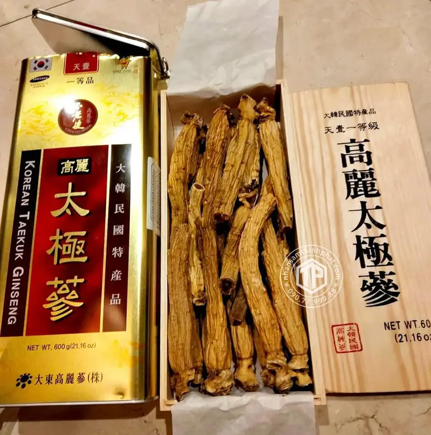 Thiên sâm củ khô Hàn Quốc chính hãng Daedong hộp 600g hộp thiếc 20 củ Thiên sâm củ khô Hàn Quốc chính hãng Daedong hộp 600g hộp thiếc 20 củ